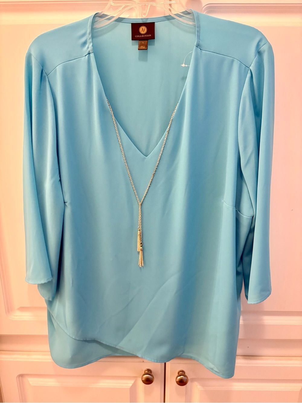 JM Collection Light Blue V-Neck Tunic with Tassel Necklace